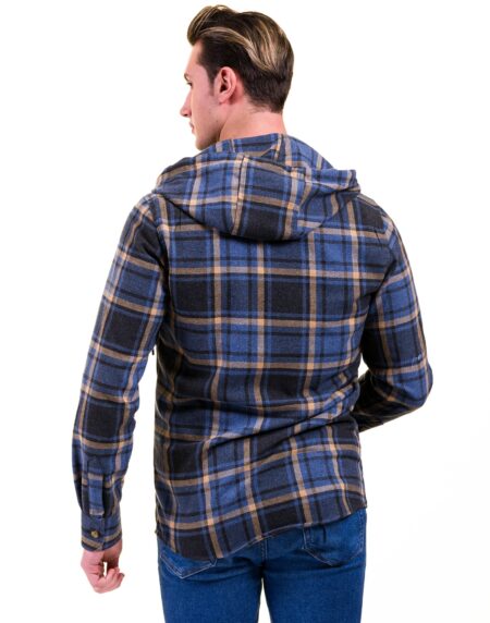 Blue Tan Check European Wool Luxury Zippered With Hoodie Sweater Jacket Warm Winter Tailor Fit