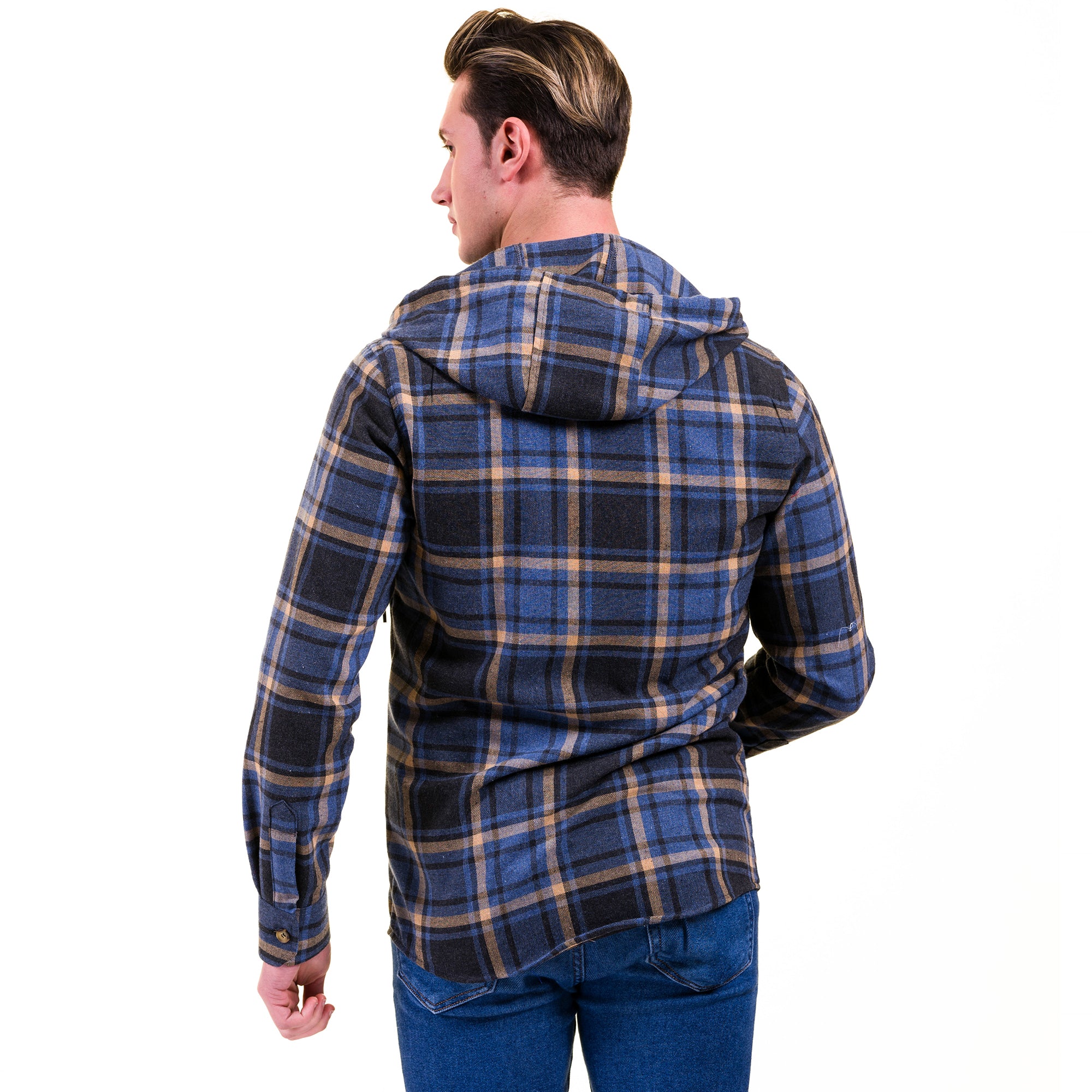Blue Tan Check European Wool Luxury Zippered With Hoodie Sweater Jacket Warm Winter Tailor Fit - Image 4