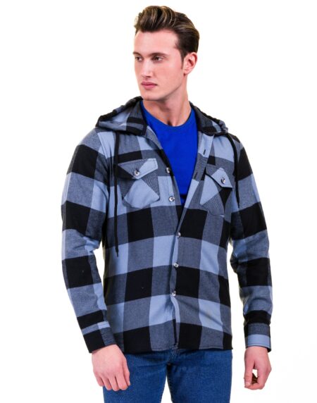 Blue Black Check European Wool Luxury Zippered With Hoodie Sweater Jacket Warm Winter Tailor Fit