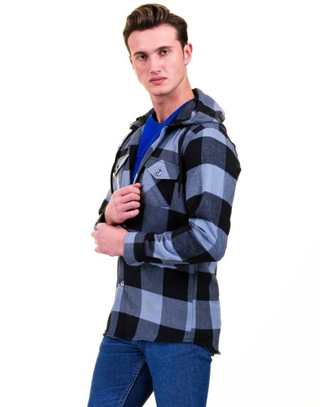 Blue Black Check European Wool Luxury Zippered With Hoodie Sweater Jacket Warm Winter Tailor Fit