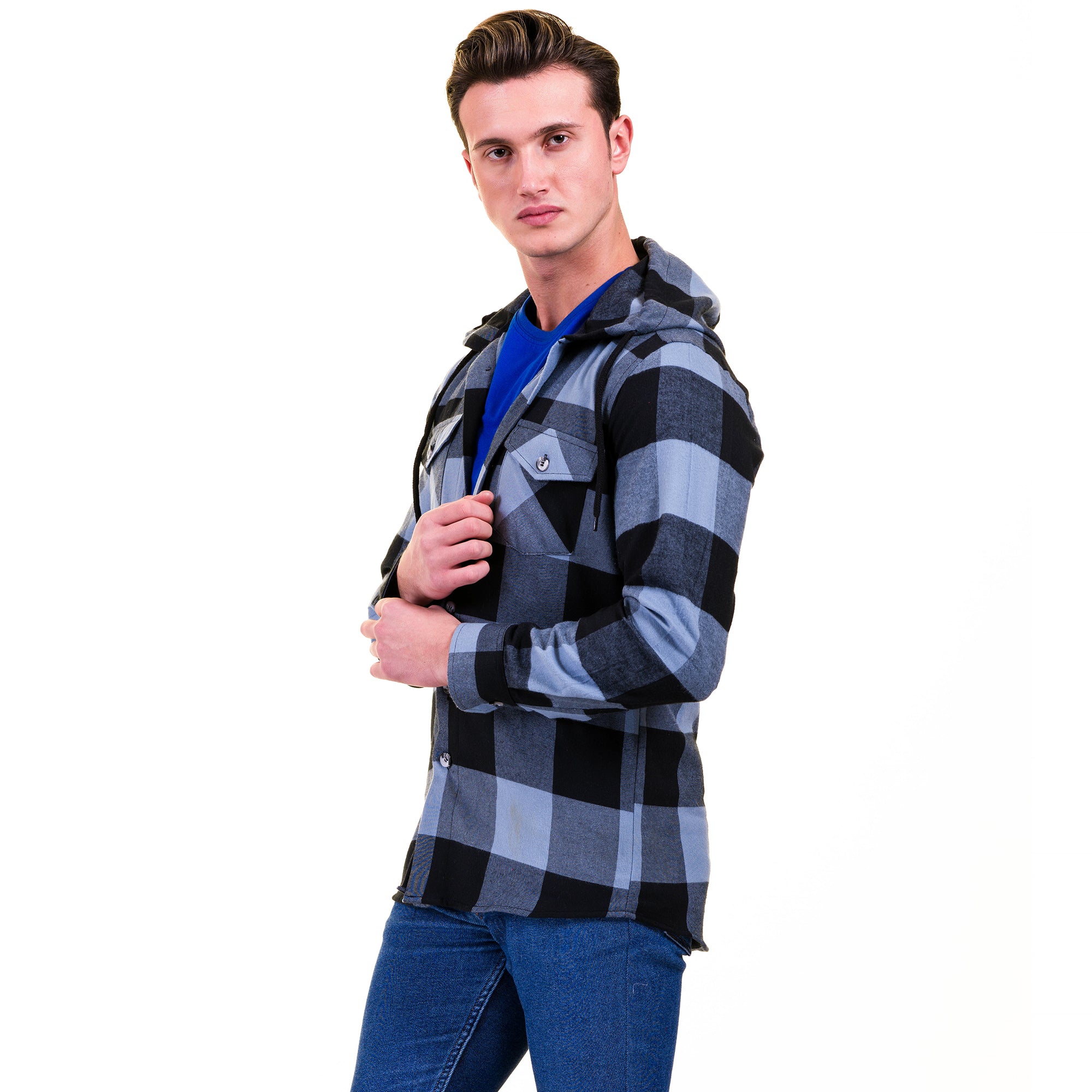 Blue Black Check European Wool Luxury Zippered With Hoodie Sweater Jacket Warm Winter Tailor Fit - Image 3