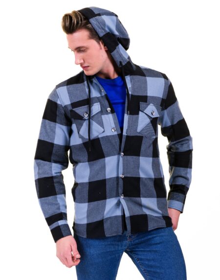 Blue Black Check European Wool Luxury Zippered With Hoodie Sweater Jacket Warm Winter Tailor Fit