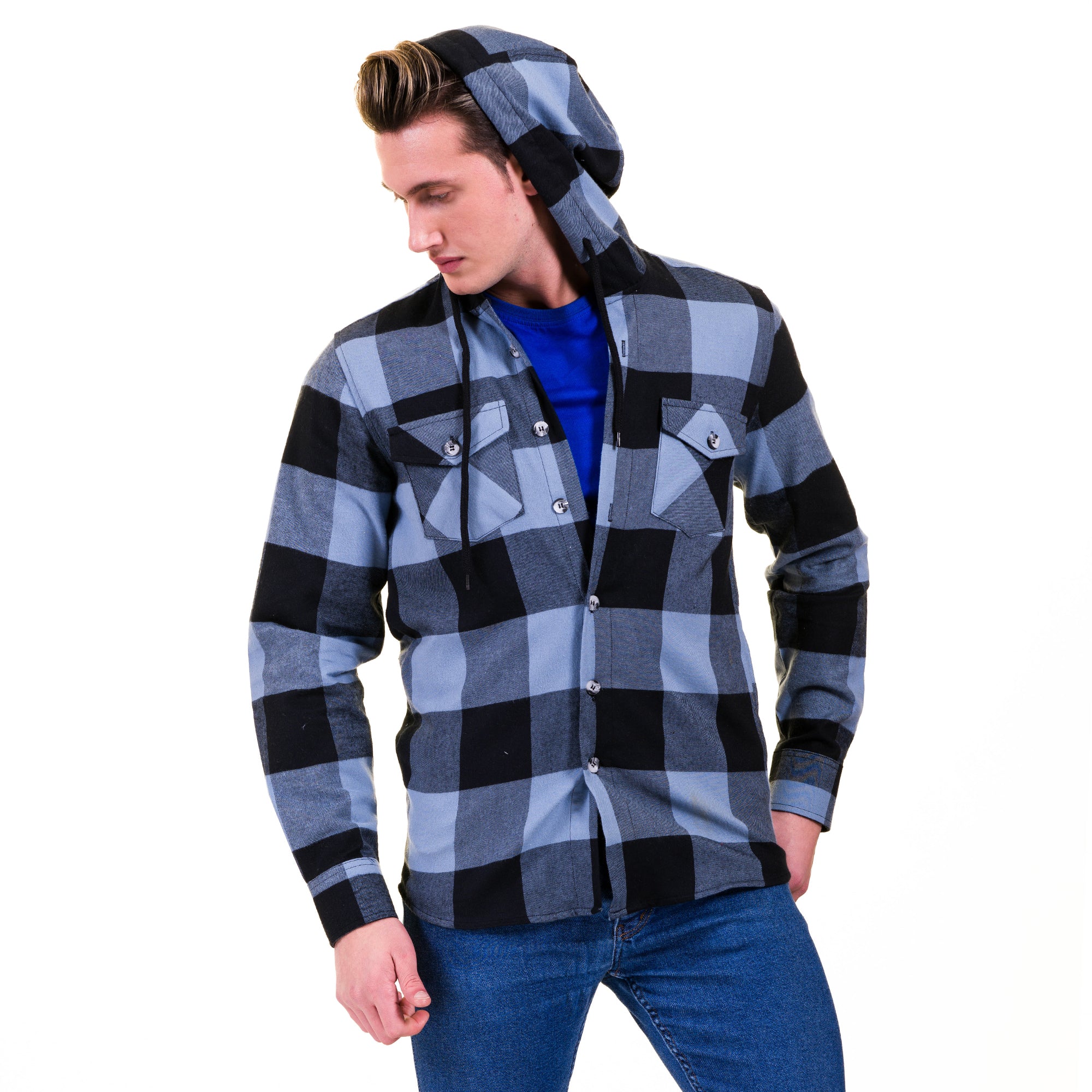 Blue Black Check European Wool Luxury Zippered With Hoodie Sweater Jacket Warm Winter Tailor Fit - Image 4