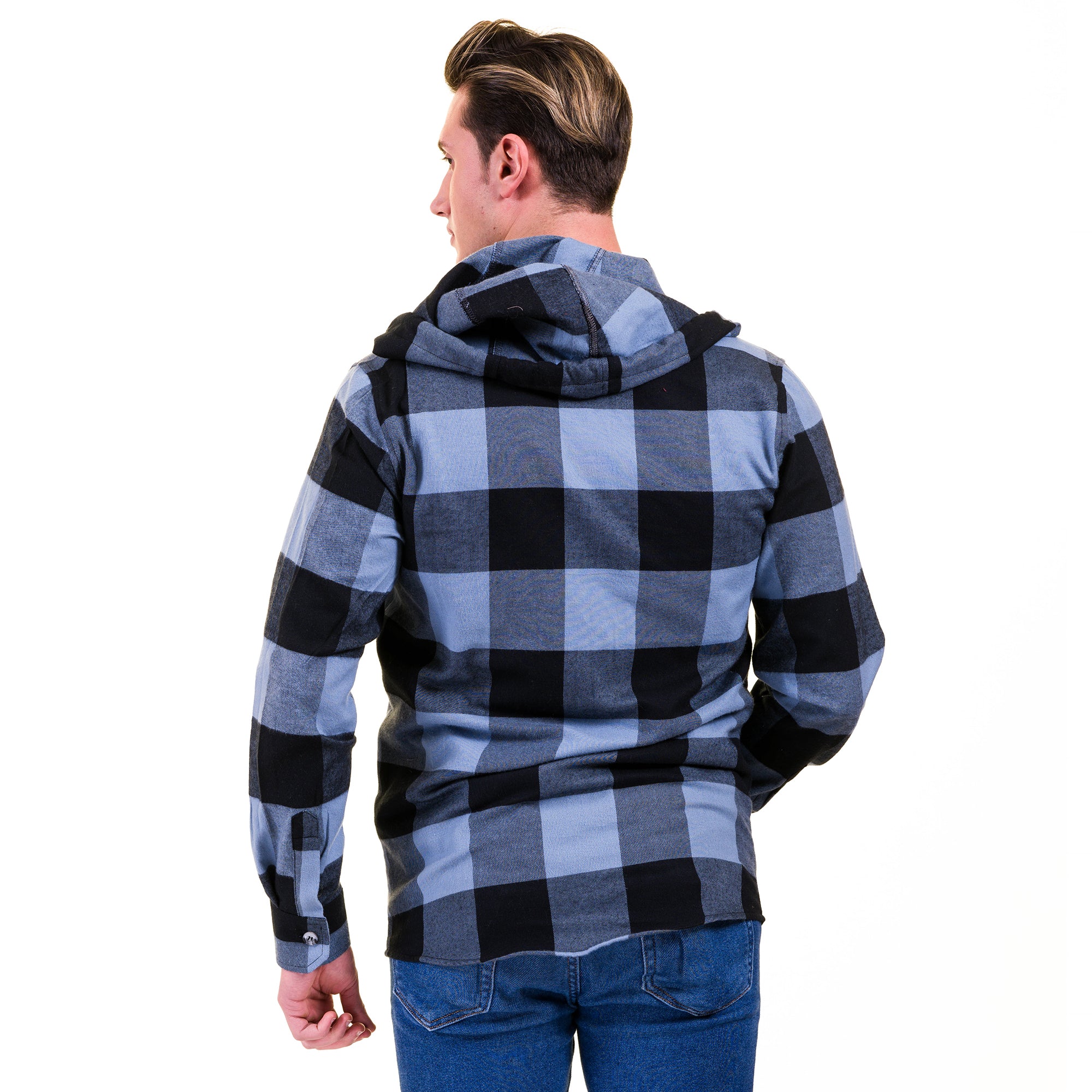 Blue Black Check European Wool Luxury Zippered With Hoodie Sweater Jacket Warm Winter Tailor Fit - Image 2
