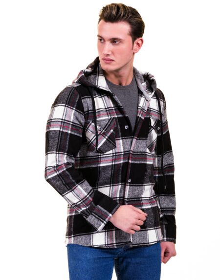 Black White Red Plaid European Wool Luxury Zippered With Hoodie Sweater Jacket Warm Winter Tailor Fit