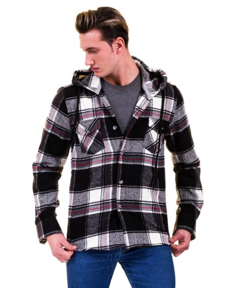Black White Red Plaid European Wool Luxury Zippered With Hoodie Sweater Jacket Warm Winter Tailor Fit