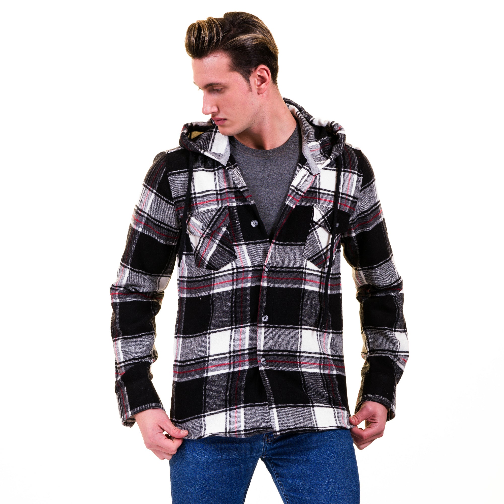 Black White Red Plaid European Wool Luxury Zippered With Hoodie Sweater Jacket Warm Winter Tailor Fit - Image 3
