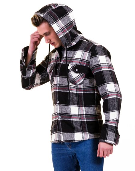 Black White Red Plaid European Wool Luxury Zippered With Hoodie Sweater Jacket Warm Winter Tailor Fit