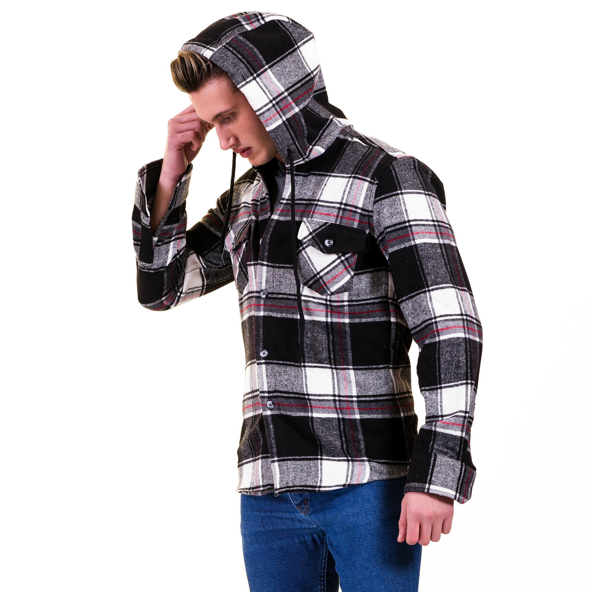Black White Red Plaid European Wool Luxury Zippered With Hoodie Sweater Jacket Warm Winter Tailor Fit - Image 4