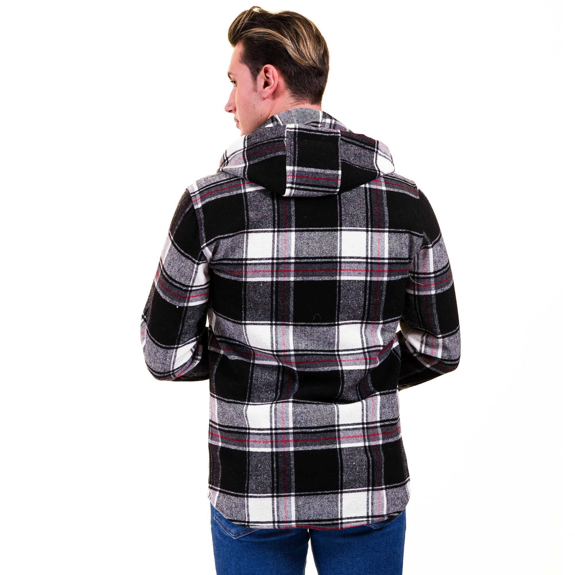 Black White Red Plaid European Wool Luxury Zippered With Hoodie Sweater Jacket Warm Winter Tailor Fit - Image 2