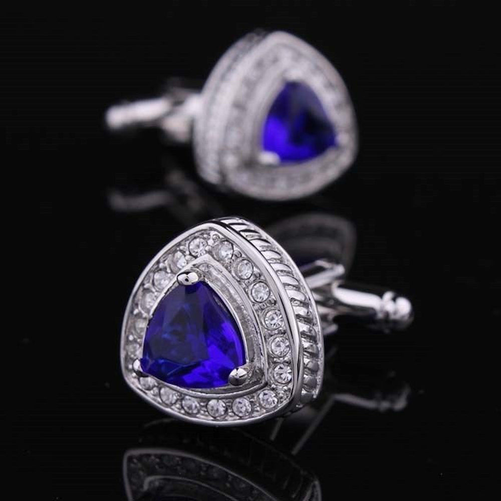 Mens Stainless Steel Silver with Light Blue Stone Triangle Cufflinks for Shirt with Box - Hand - Amedeo Exclusive