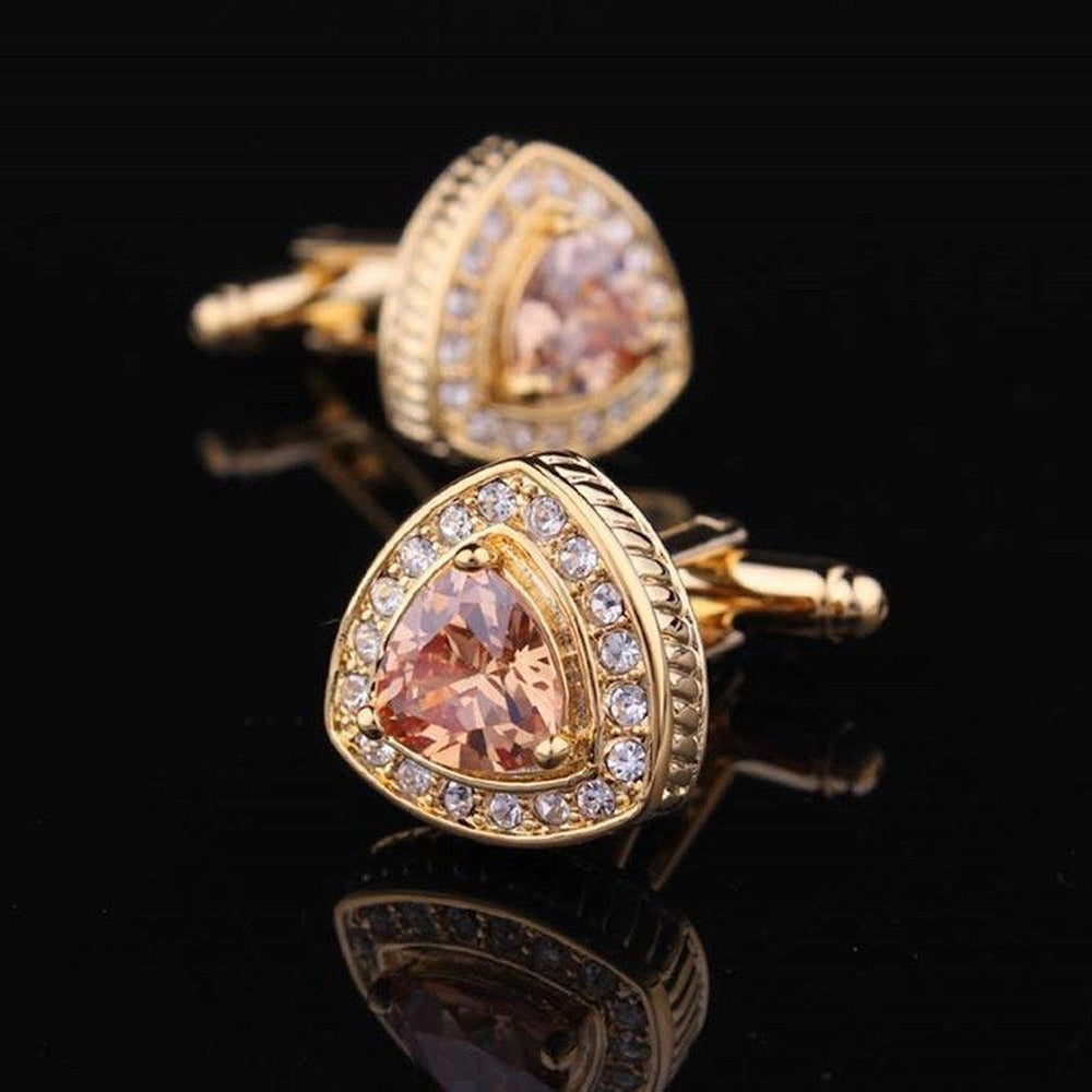 Mens Stainless Steel Gold with Orange Stone Triangle Cufflinks for Shirt with Box - Hand Crafted - Amedeo Exclusive