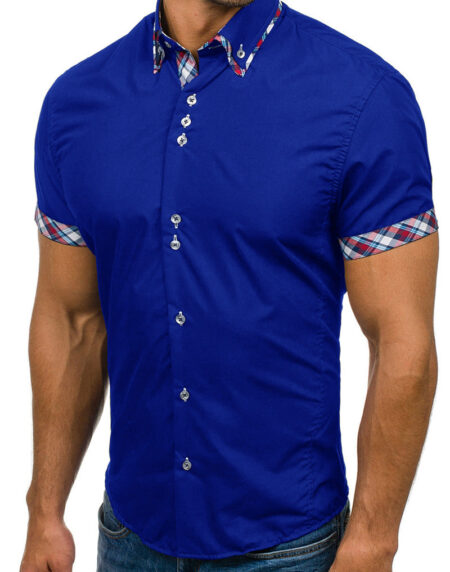 Men's Button down Tailor Fit Soft 100% Cotton Short Sleeve Dress Shirt Medium Blue with Colorful Check casual And Formal - Amedeo Exclusive