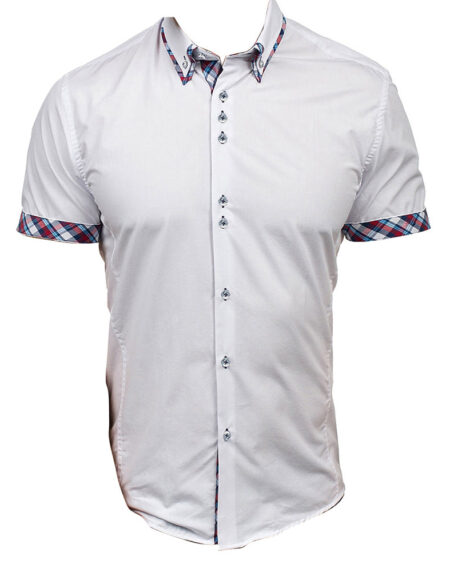 Men's Button down Tailor Fit Soft 100% Cotton Short Sleeve Dress Shirt White with Colorful Checkcasual And Formal - Amedeo Exclusive
