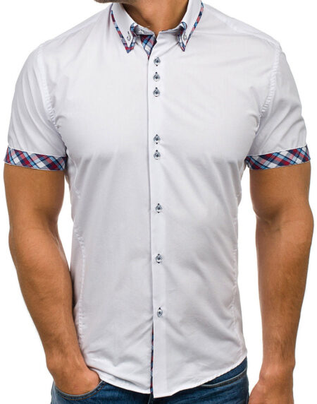 Men's Button down Tailor Fit Soft 100% Cotton Short Sleeve Dress Shirt White with Colorful Checkcasual And Formal - Amedeo Exclusive