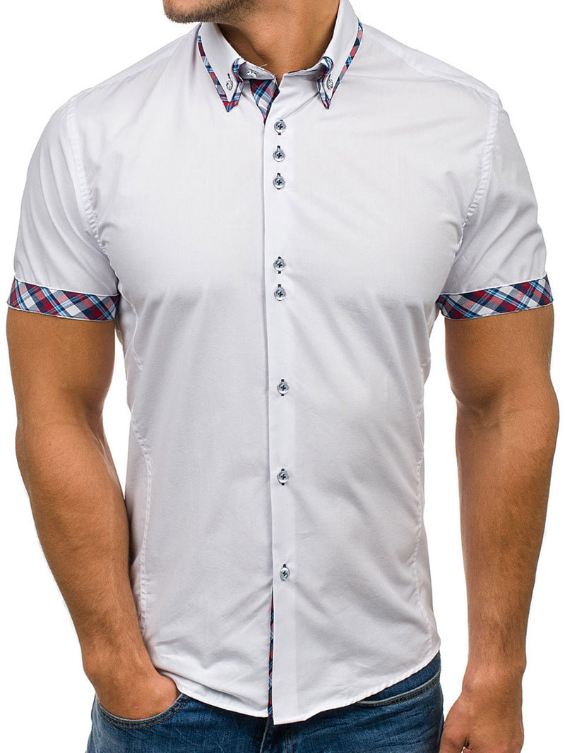 Men's Button down Tailor Fit Soft 100% Cotton Short Sleeve Dress Shirt White with Colorful Checkcasual And Formal - Amedeo Exclusive