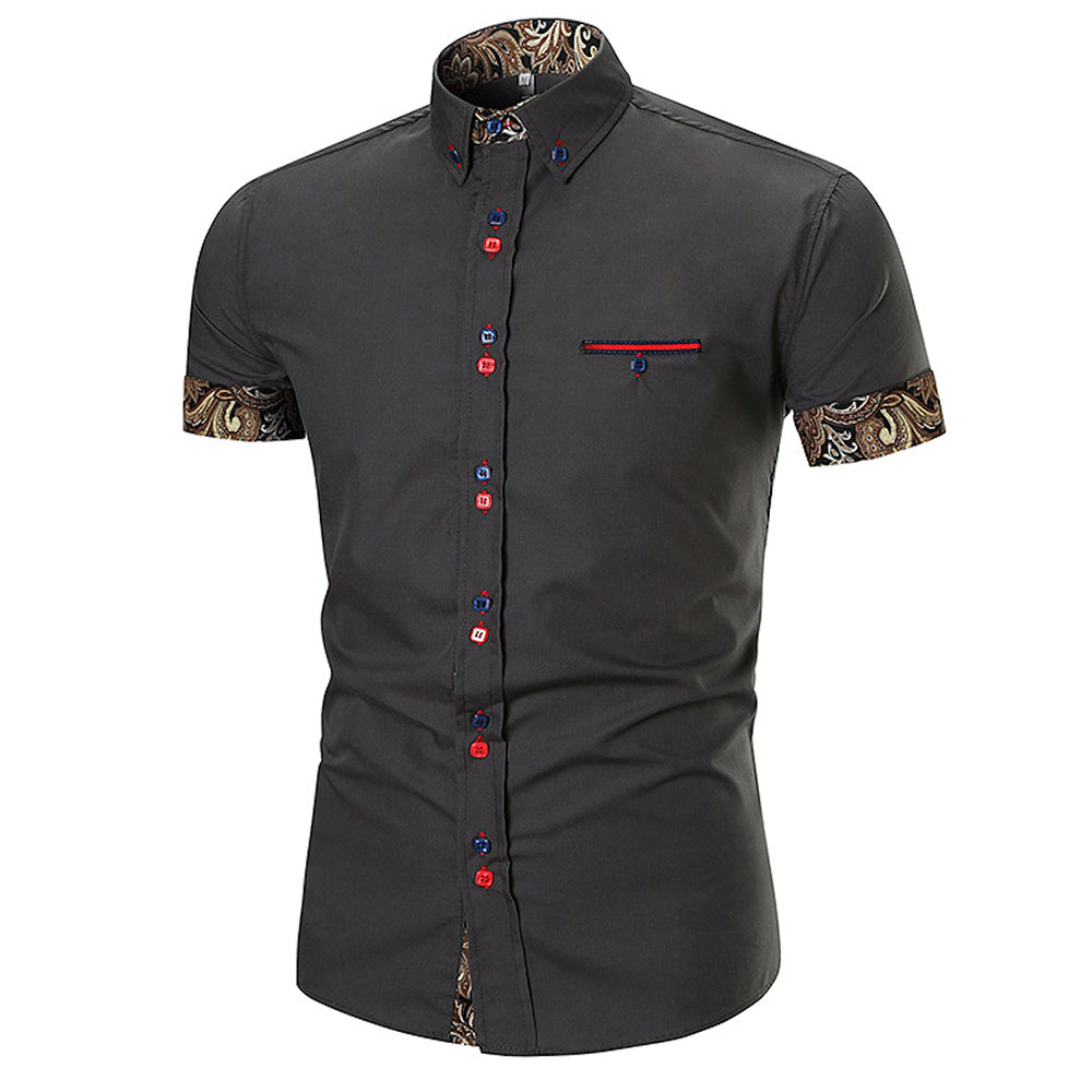 Men's Button down Tailor Fit Soft 100% Cotton Short Sleeve Dress Shirt Grey with Black Gold Paisley casual And Formal - Amedeo Exclusive
