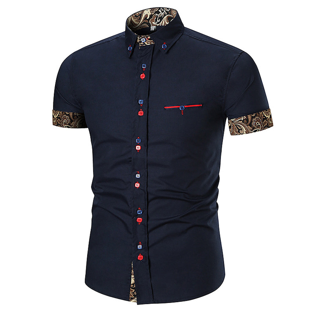 Men's Button down Tailor Fit Soft 100% Cotton Short Sleeve Dress Shirt Navy Blue with Black Gold Paisley casual And Formal - Amedeo Exclusive