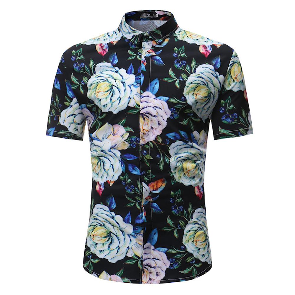 Black Floral check Mens Short Sleeve Button up Shirts - Tailored Slim Fit Cotton Dress Shirts - Amedeo Exclusive