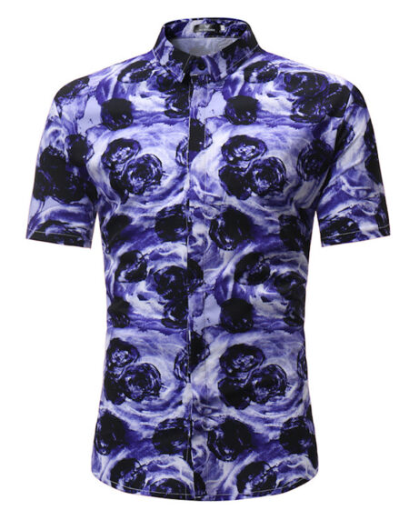 Purple Floral check Mens Short Sleeve Button up Shirts - Tailored Slim Fit Cotton Dress Shirts - Amedeo Exclusive