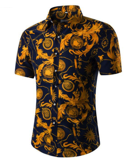 Men's Button down Tailor Fit Soft 100% Cotton Short Sleeve Dress Shirt Navy Blue & Orange casual And Formal - Amedeo Exclusive