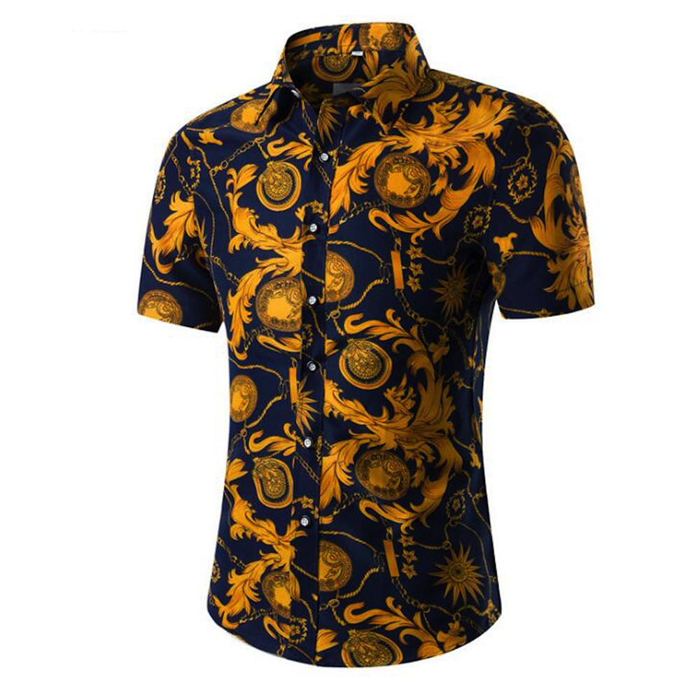 Men's Button down Tailor Fit Soft 100% Cotton Short Sleeve Dress Shirt Navy Blue & Orange casual And Formal - Amedeo Exclusive
