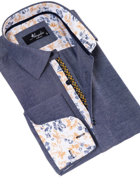 Bluish Slim Fit French Cuff Shirt for Men – Long Sleeve (Floral Design Inside)