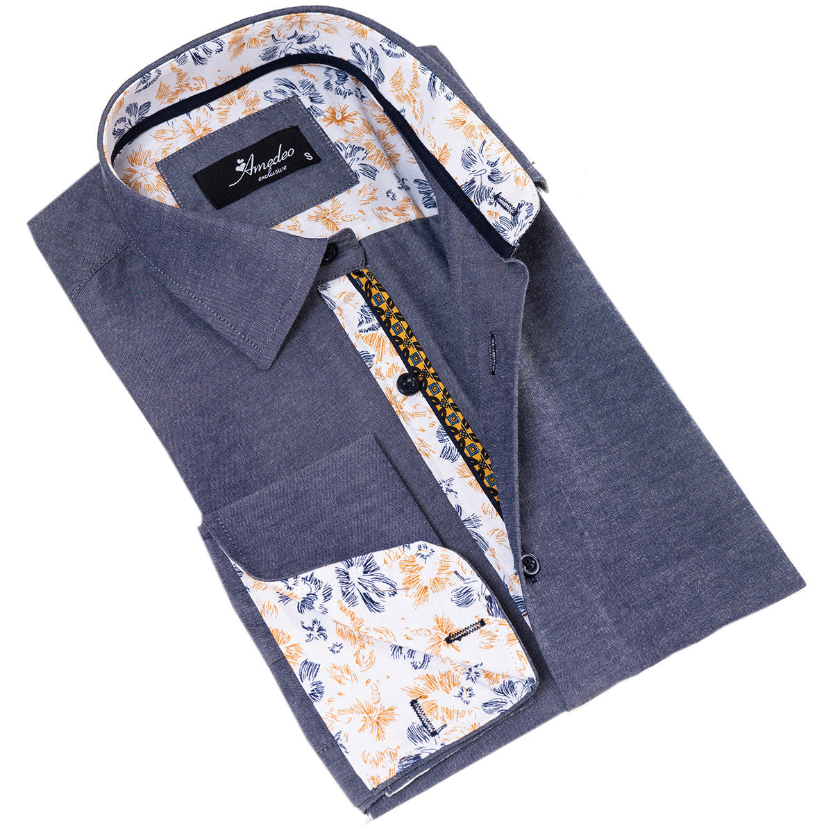 Bluish Slim Fit French Cuff Shirt for Men – Long Sleeve (Floral Design Inside)