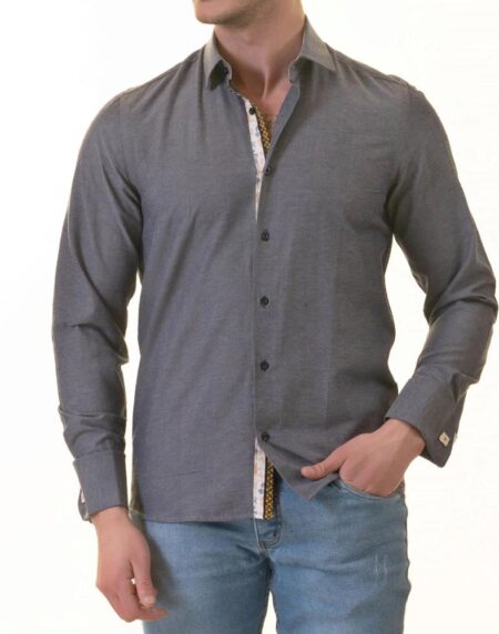 Bluish Slim Fit French Cuff Shirt for Men – Long Sleeve (Floral Design Inside)