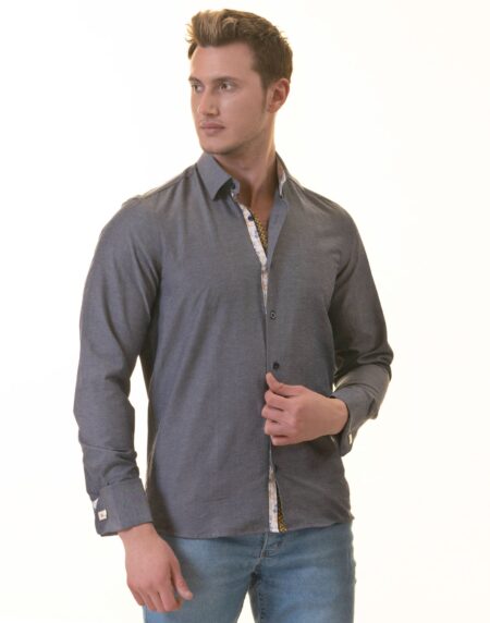 Bluish Slim Fit French Cuff Shirt for Men – Long Sleeve (Floral Design Inside)
