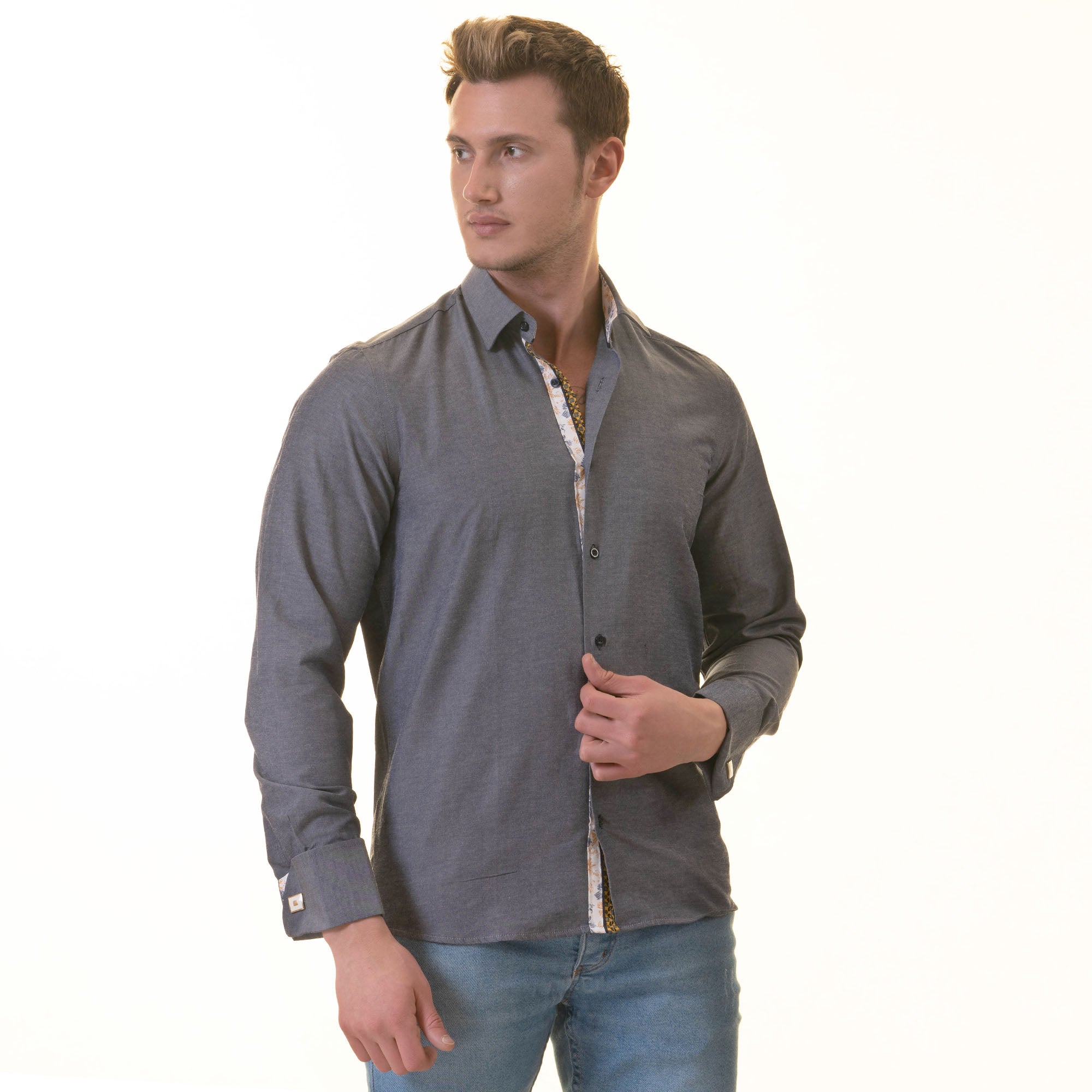 Bluish Slim Fit French Cuff Shirt for Men - Long Sleeve (Floral Design Inside) - Image 4