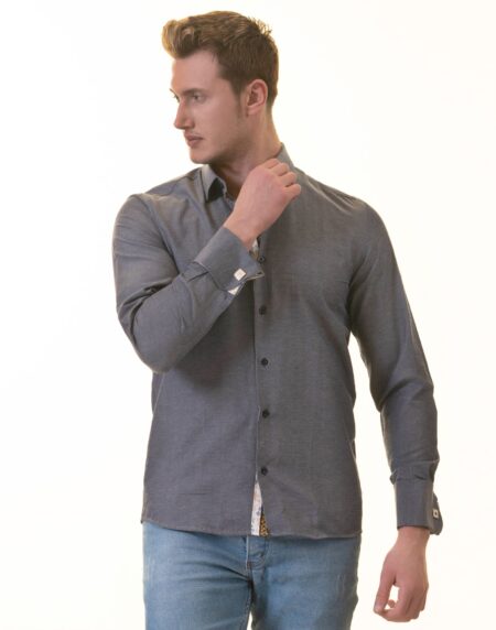 Bluish Slim Fit French Cuff Shirt for Men – Long Sleeve (Floral Design Inside)