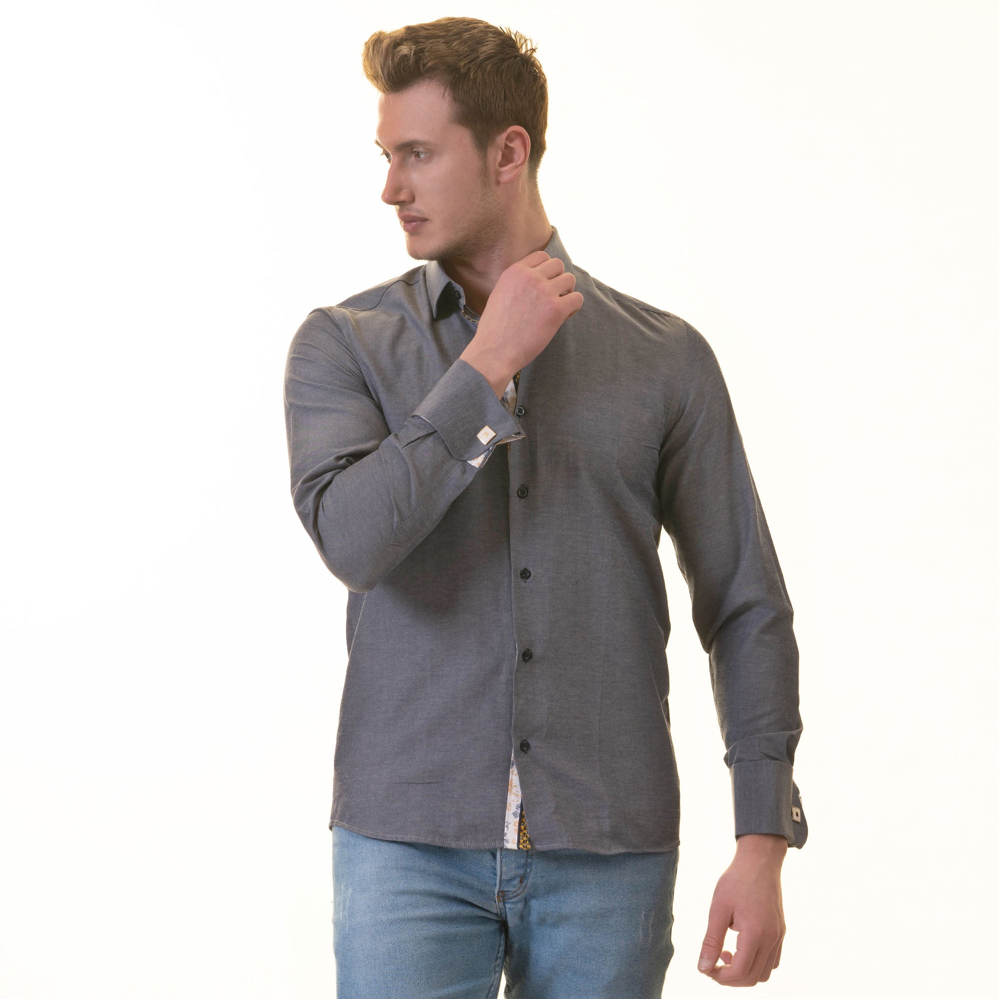 Bluish Slim Fit French Cuff Shirt for Men - Long Sleeve (Floral Design Inside) - Image 5