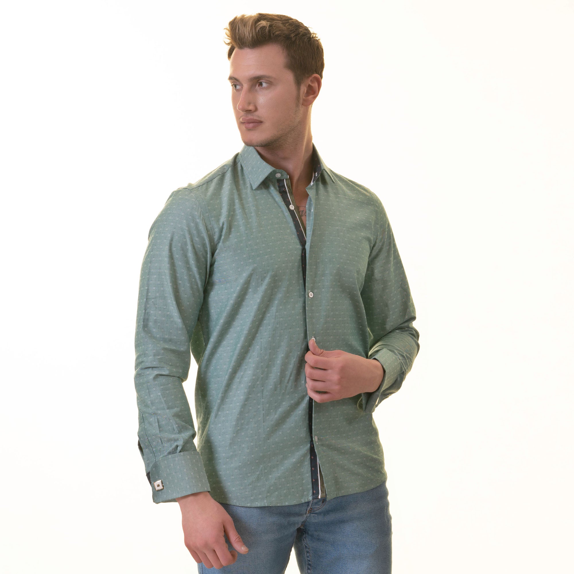 Green French Cuff Shirt for Men - Slim Fit, Cotton (Emerald Green Design Inside) - Image 4