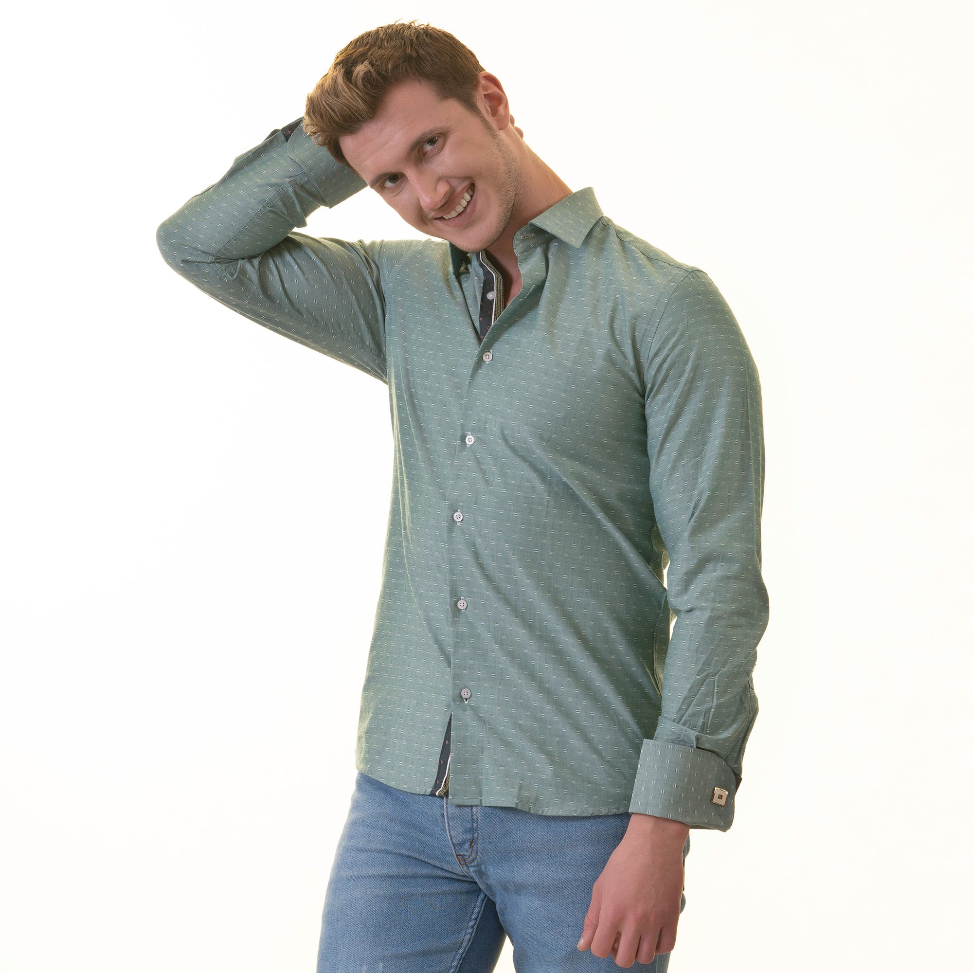 Green French Cuff Shirt for Men - Slim Fit, Cotton (Emerald Green Design Inside) - Image 5