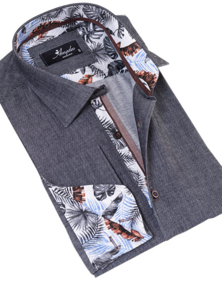 Gray French Cuff Shirt for Men – Long Sleeve, Slim Fit (Tropical Design Inside)