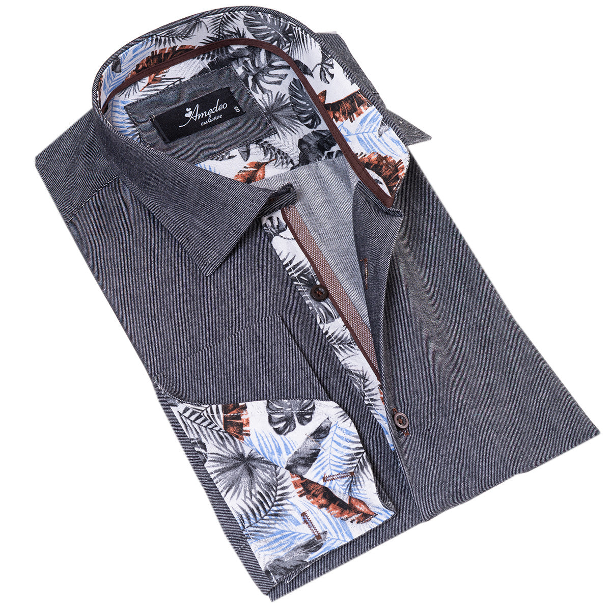 Gray French Cuff Shirt for Men – Long Sleeve, Slim Fit (Tropical Design Inside)