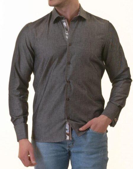Gray French Cuff Shirt for Men – Long Sleeve, Slim Fit (Tropical Design Inside)