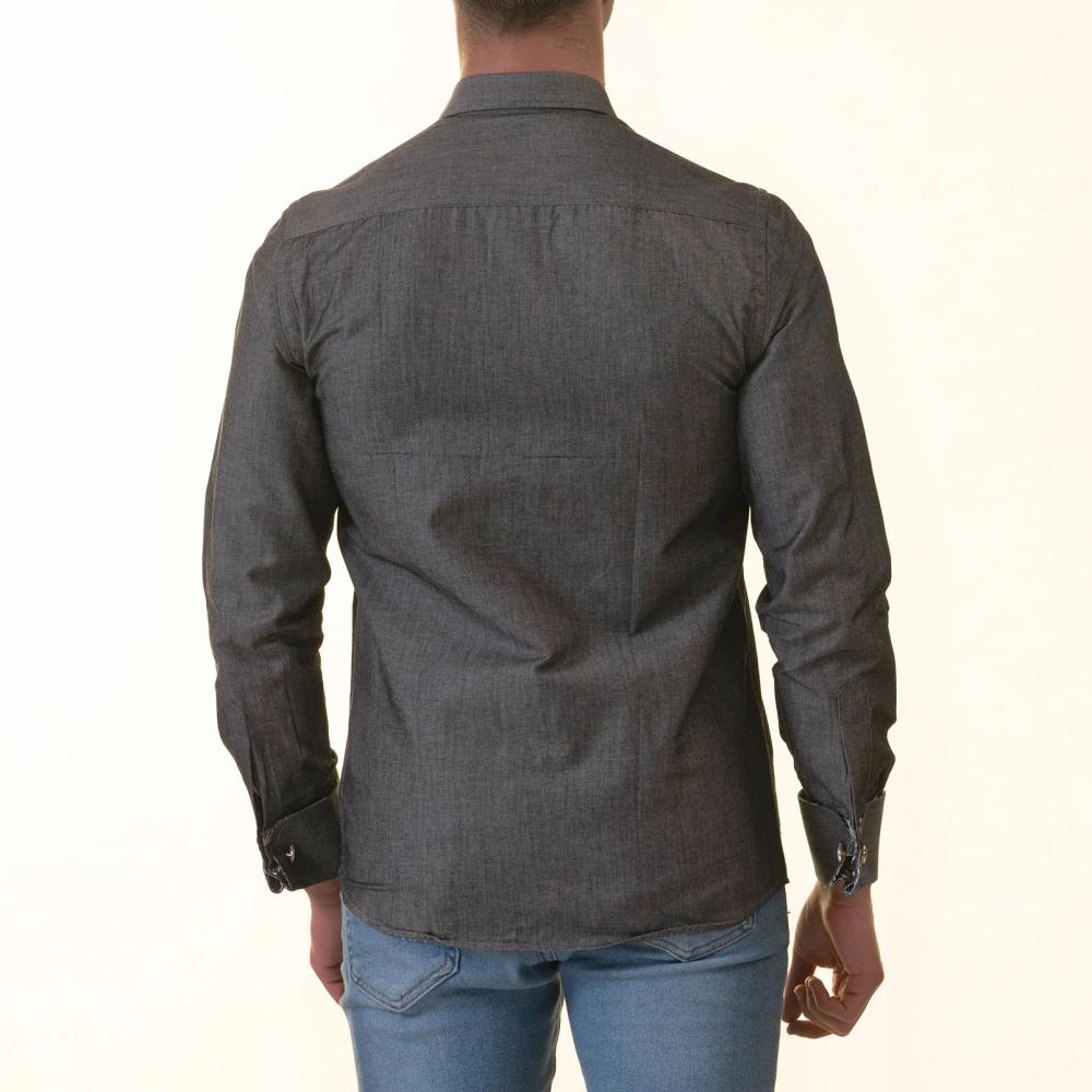 Gray French Cuff Shirt for Men - Long Sleeve, Slim Fit (Tropical Design Inside) - Image 3