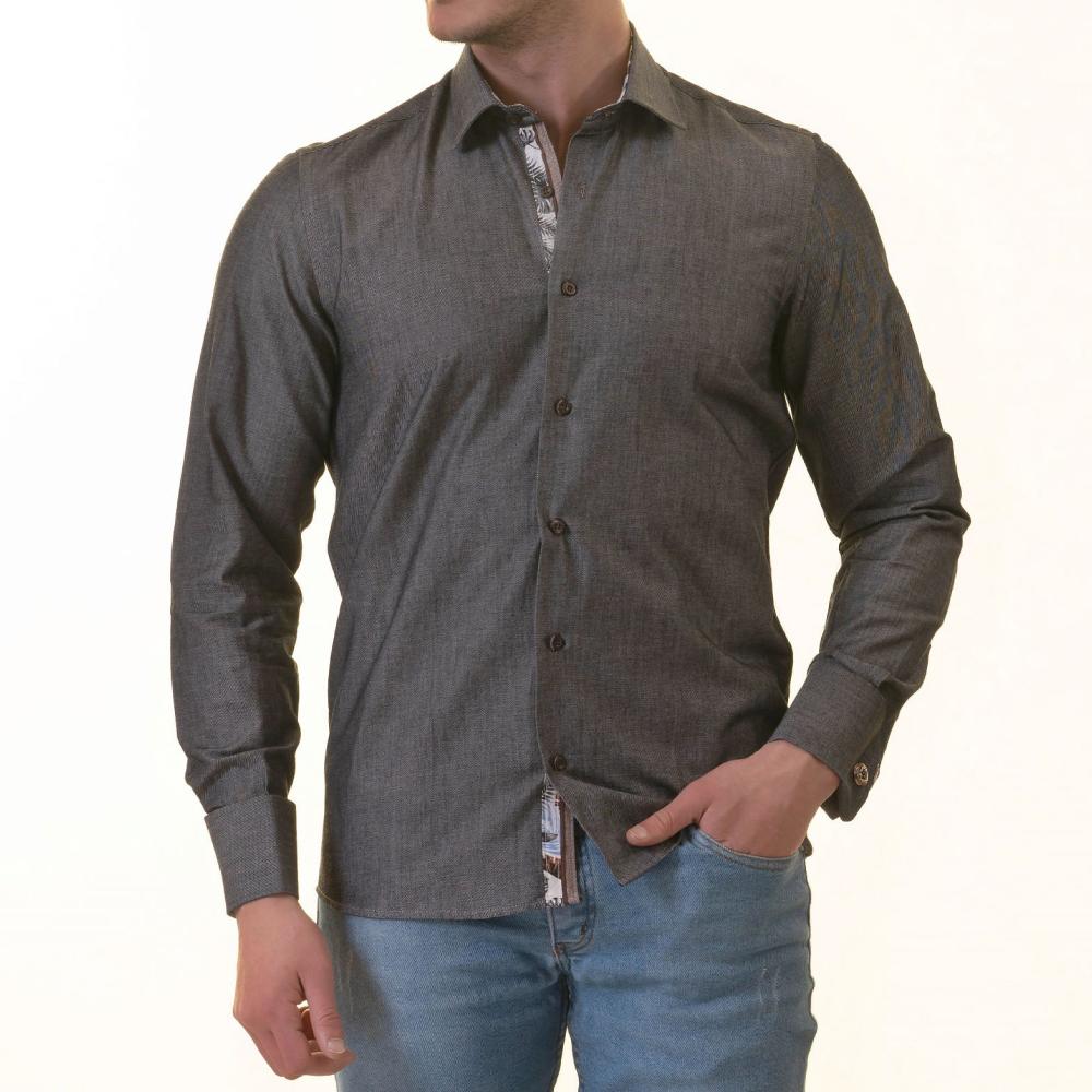 Gray French Cuff Shirt for Men - Long Sleeve, Slim Fit (Tropical Design Inside) - Image 2