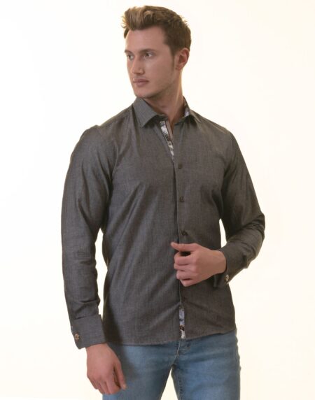 Gray French Cuff Shirt for Men – Long Sleeve, Slim Fit (Tropical Design Inside)