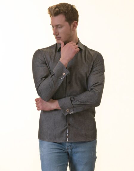 Gray French Cuff Shirt for Men – Long Sleeve, Slim Fit (Tropical Design Inside)