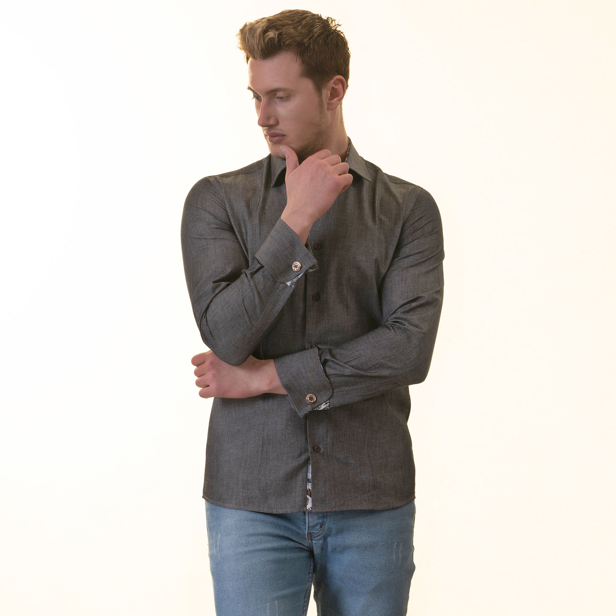 Gray French Cuff Shirt for Men - Long Sleeve, Slim Fit (Tropical Design Inside) - Image 5