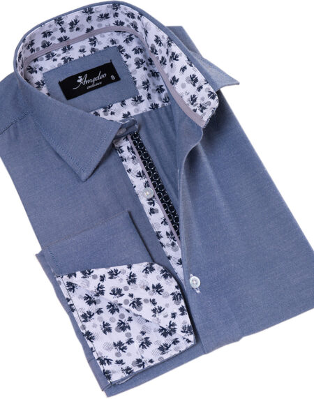 Grey French Cuff Shirt — Slim Fit, Floral Reversible Cuff