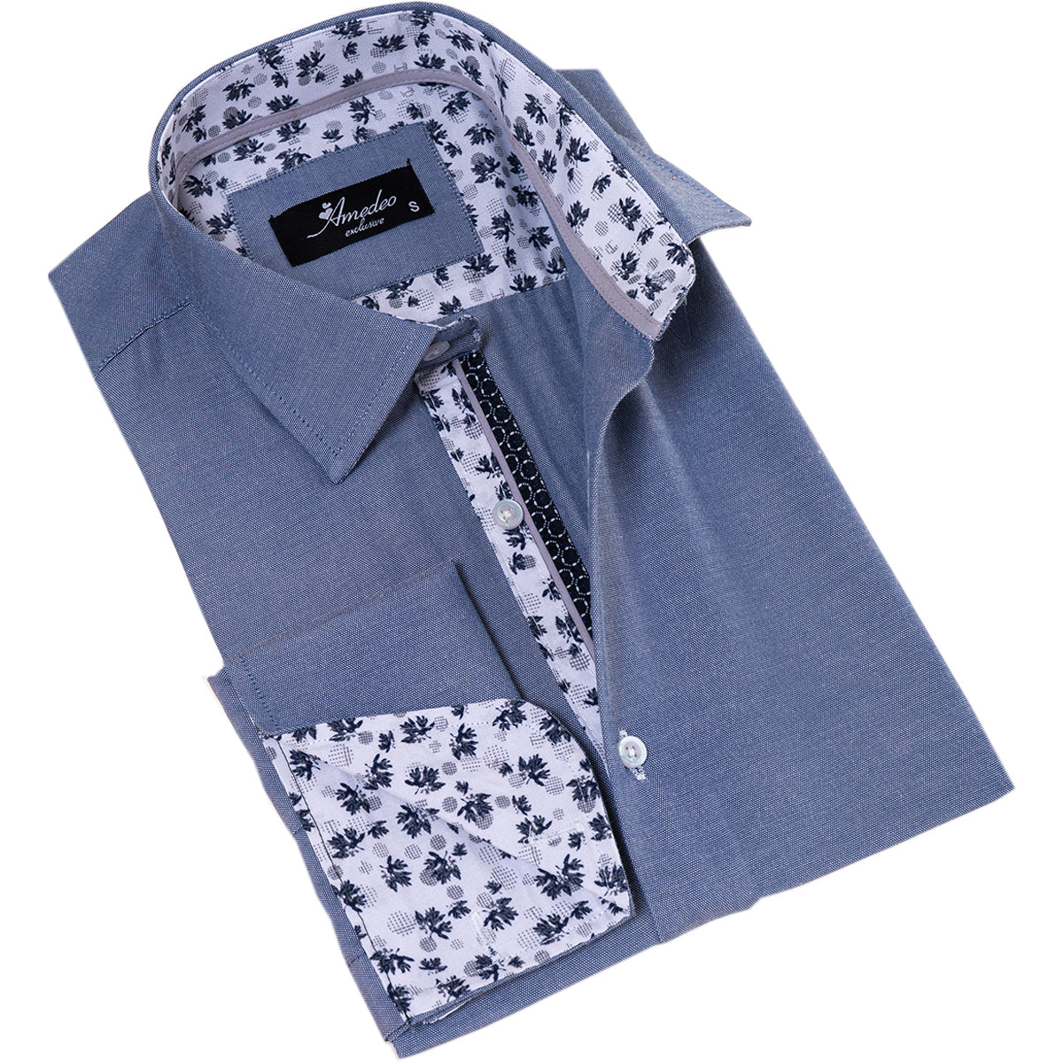 Grey French Cuff Shirt — Slim Fit, Floral Reversible Cuff