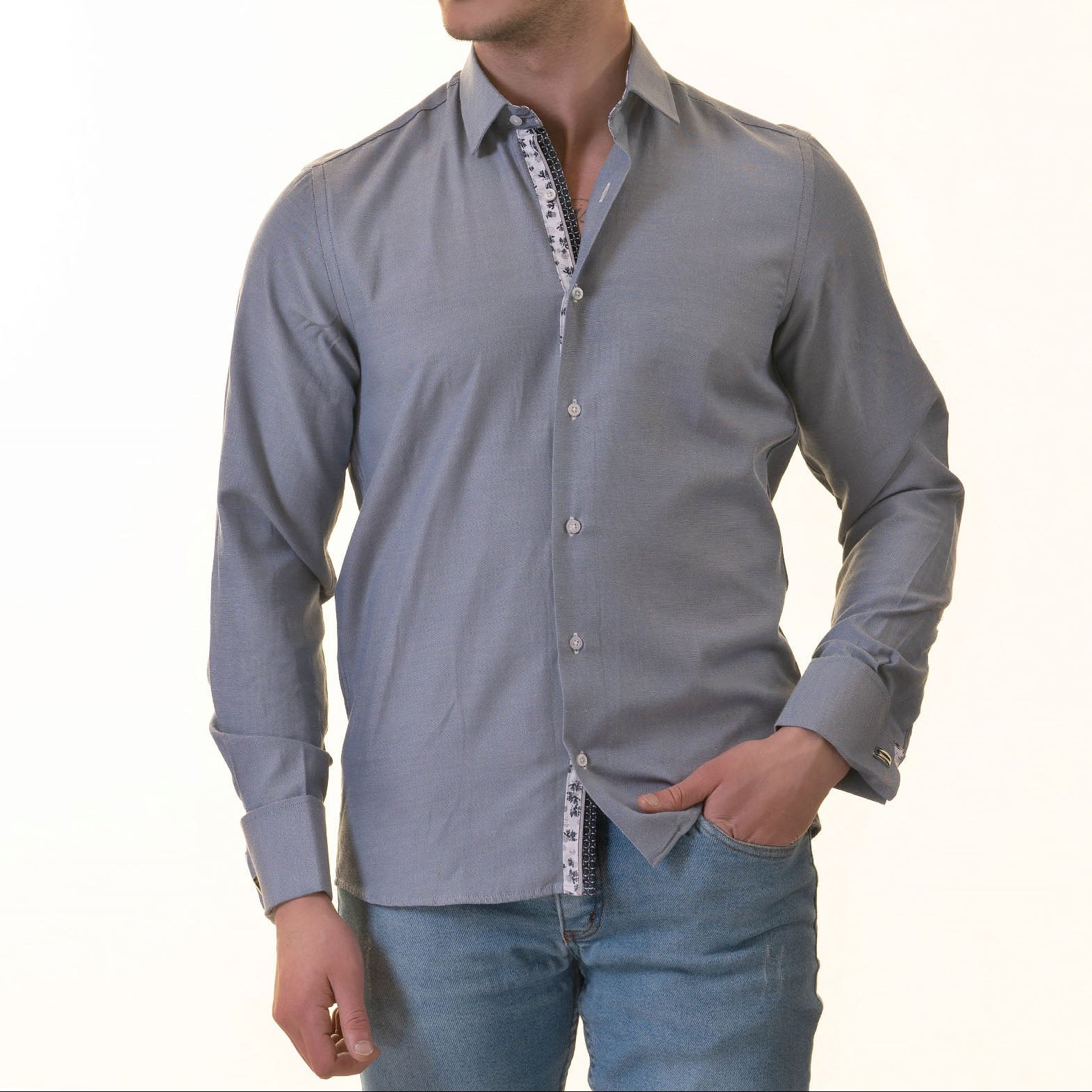 Grey French Cuff Shirt — Slim Fit, Floral Reversible Cuff - Image 2