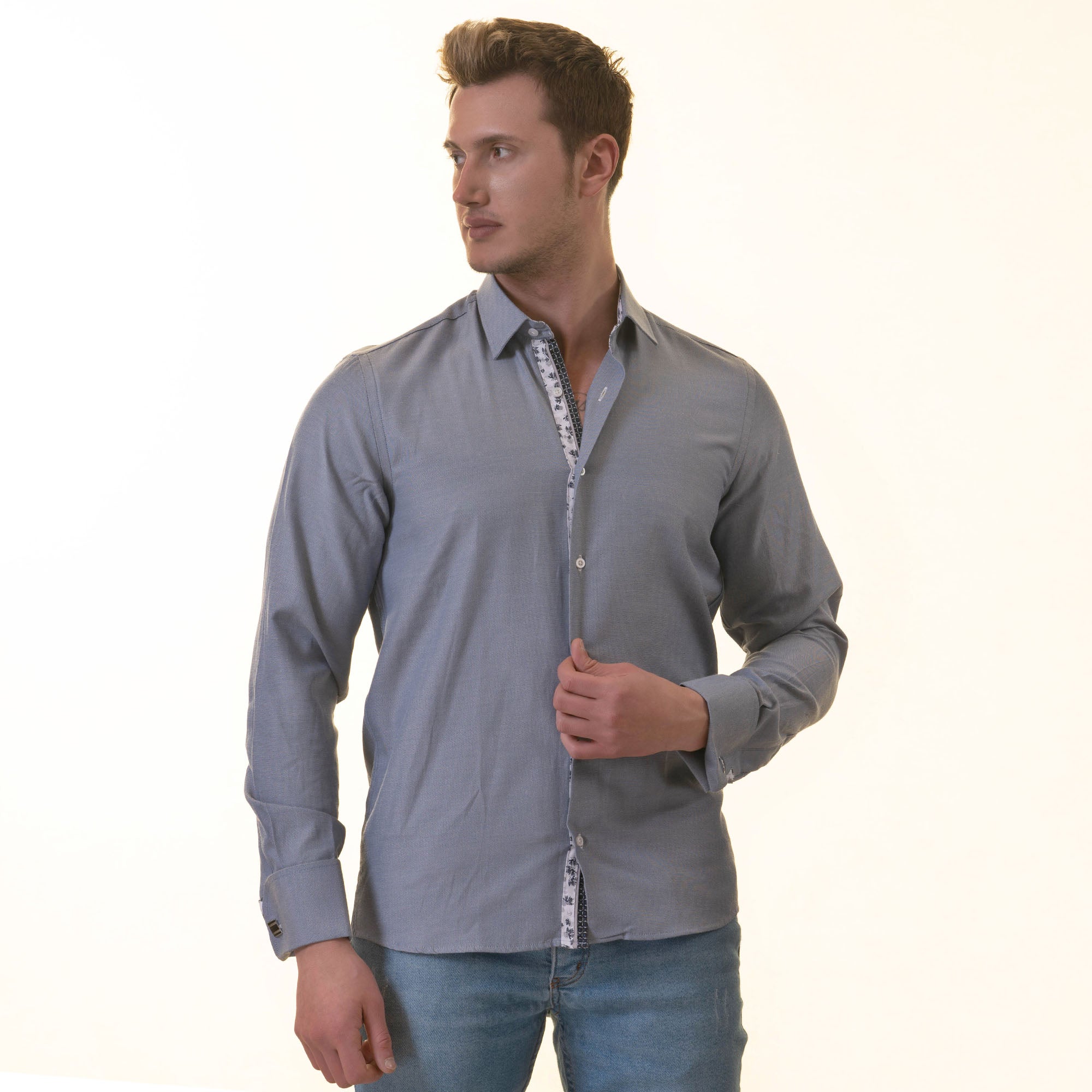 Grey French Cuff Shirt — Slim Fit, Floral Reversible Cuff - Image 4