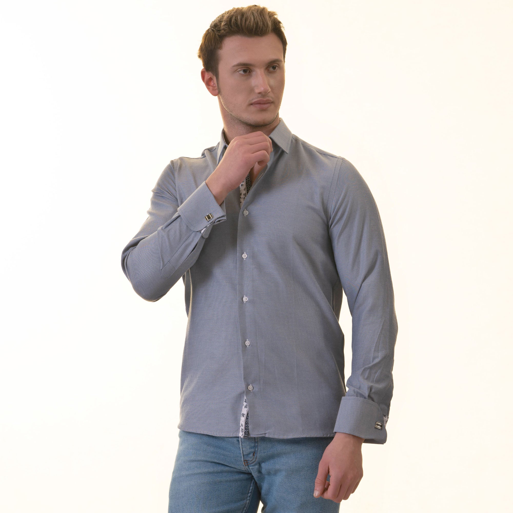 Grey French Cuff Shirt — Slim Fit, Floral Reversible Cuff - Image 5