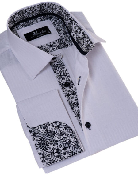 White French Double Cuff Shirt for Men – Slim Fit, Cotton (Black Design Inside)