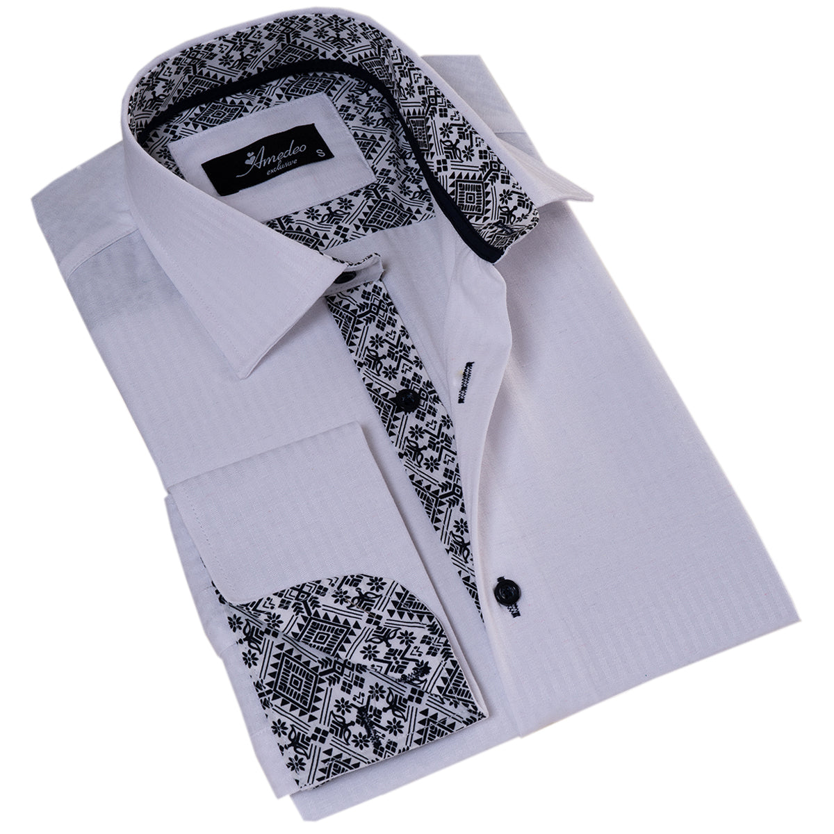 White French Double Cuff Shirt for Men – Slim Fit, Cotton (Black Design Inside)